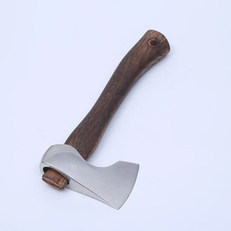 Camping axe with high carbon steel head and wooden handle on a neutral background.