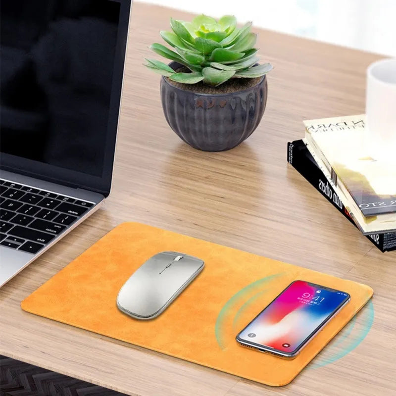 Brown leather wireless charging mouse pad with Micro USB port for desk charging