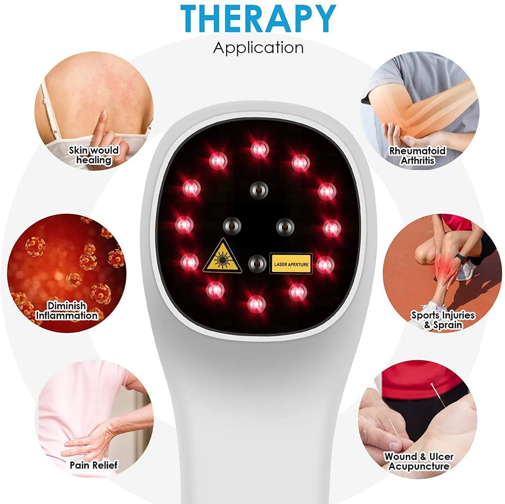 Hand-held red light therapy device with infrared LED array in black and white colour, USB rechargeable, with carrying case and accessories