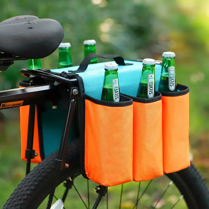 Double-sided black bicycle drink storage bag mounted on bike frame with bottle