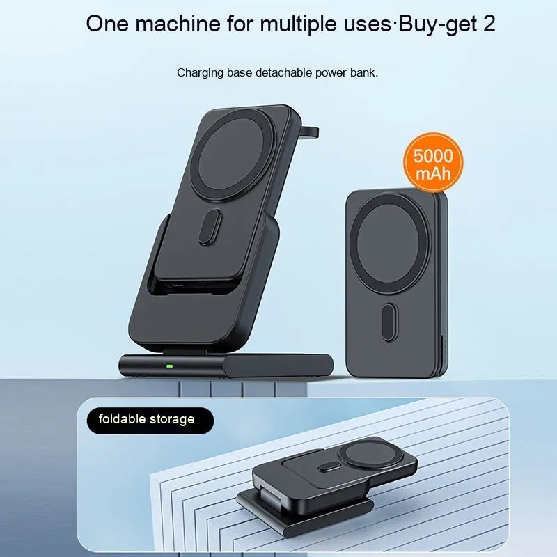 Black three-in-one magnetic power bank with folding stand charging iPhone 12, Apple Watch, and AirPods Pro wirelessly on a desk