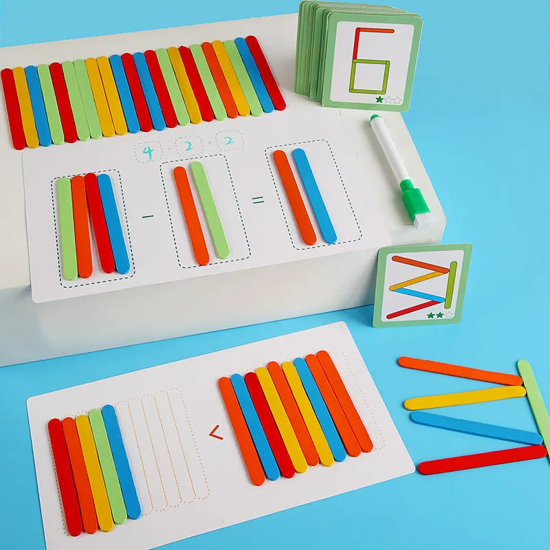 Children's wooden counting sticks math toy in colour box with colourful arithmetic rods
