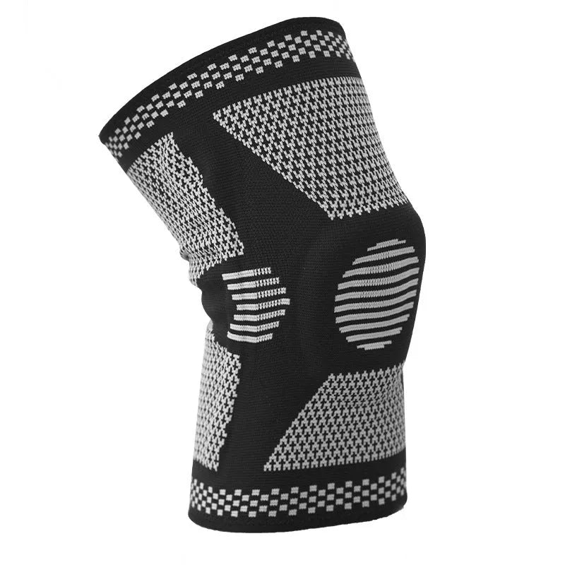 Sports silicone spring knee pads shown in blue, green, orange, and white colours, with sizing chart for leg circumference.