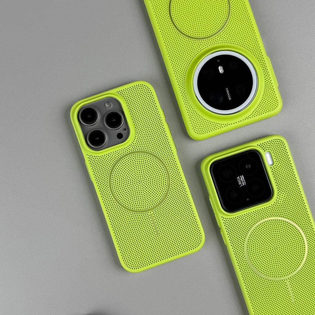Green frosted magnetic hard phone case for iPhone, showing shockproof and heat dissipation features.
