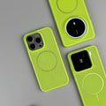 Green frosted magnetic hard phone case for iPhone, showing shockproof and heat dissipation features.