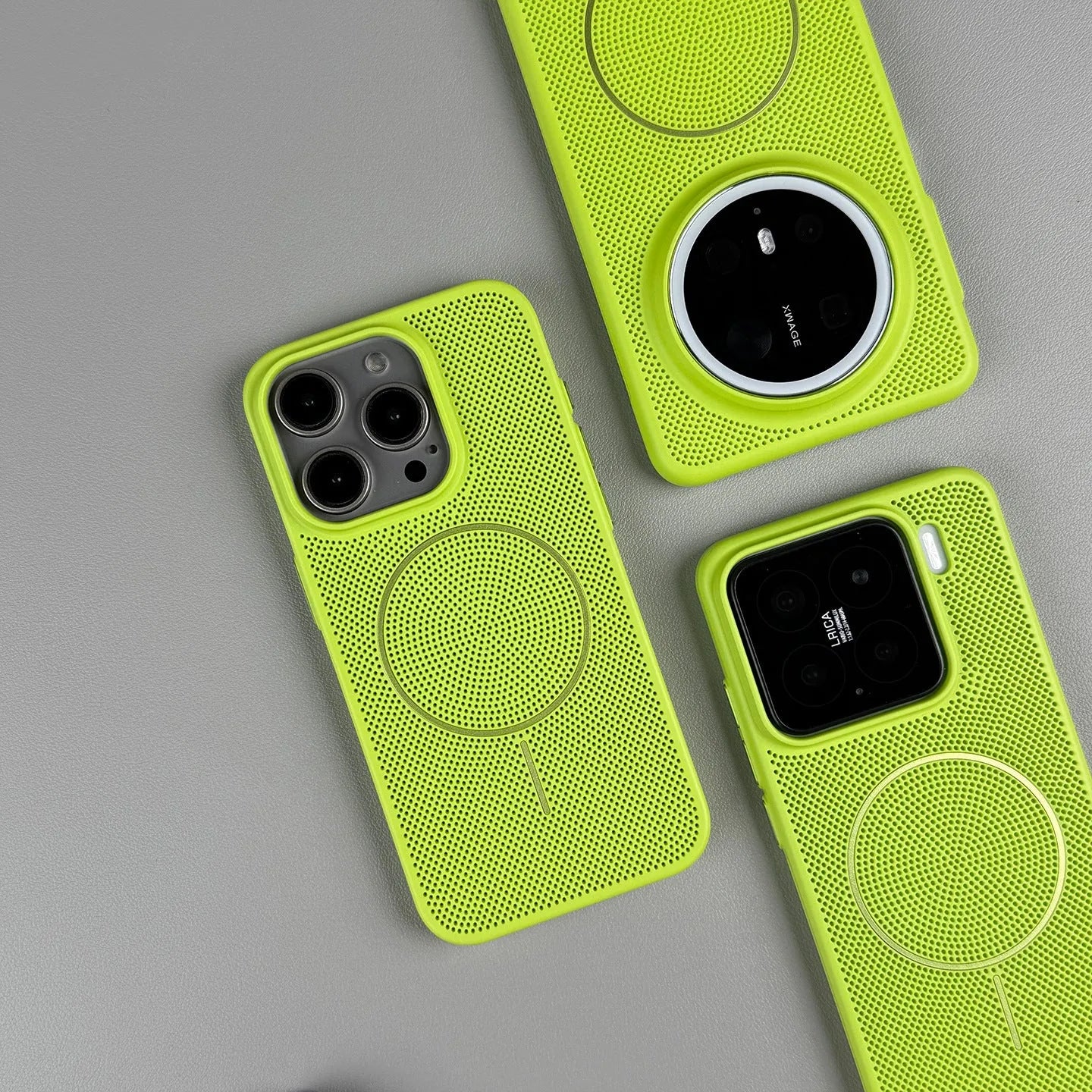 Green frosted magnetic hard phone case for iPhone, showing shockproof and heat dissipation features.
