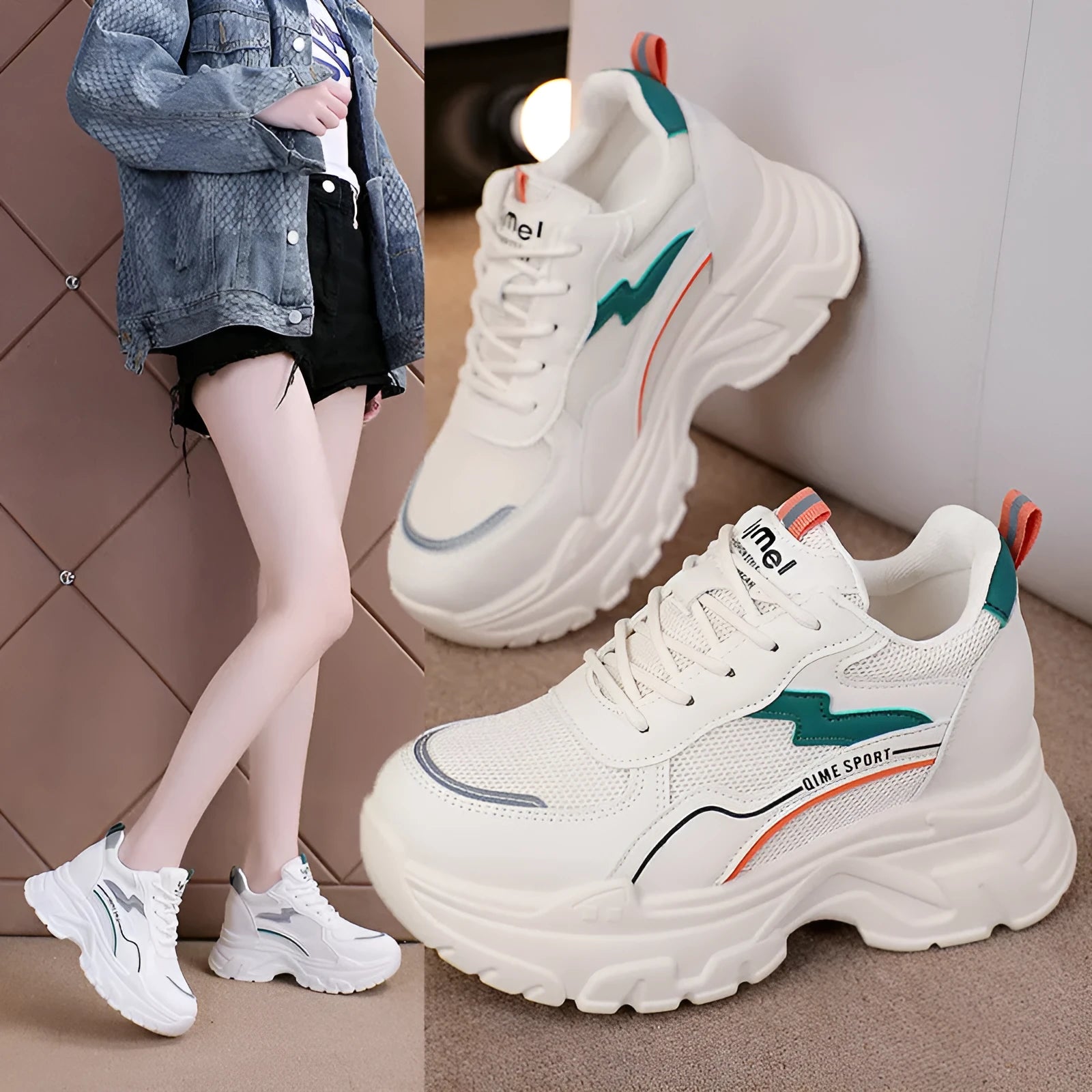 Women's white breathable dad shoes with cross strap and lace-up design, featuring height-increasing insoles.