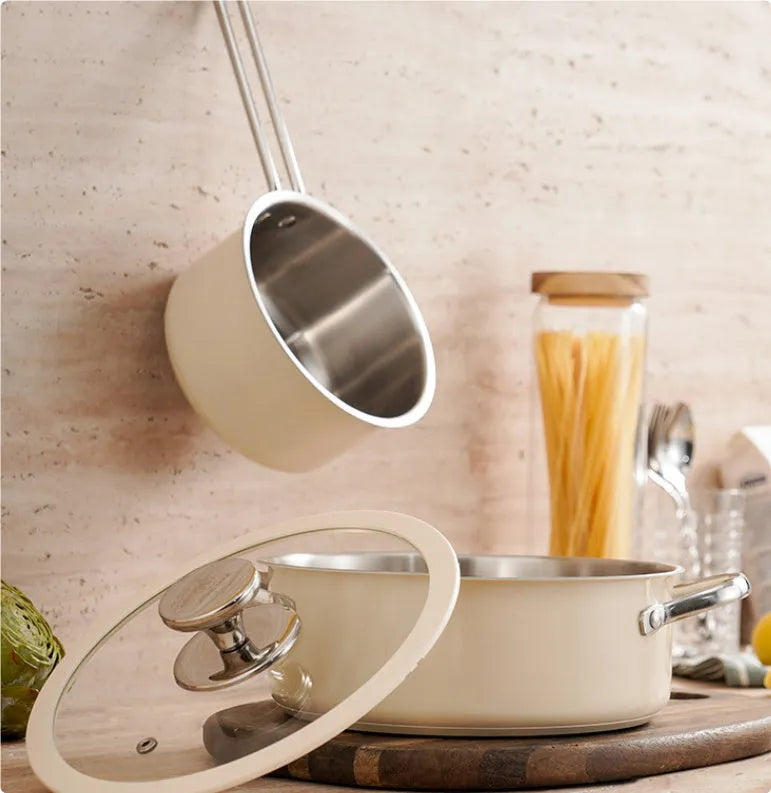 Four 304 stainless steel double bottom soup pots in beige with composite glass lids in a gift box