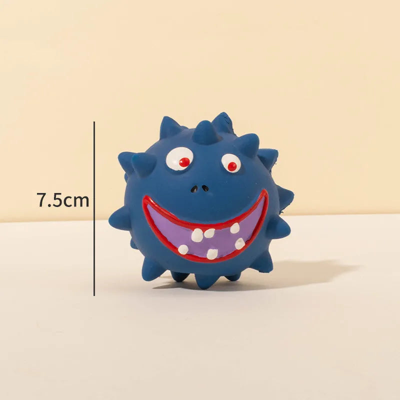 Four natural latex rubber dog squeaky balls with cute faces in blue, green, red and yellow colours