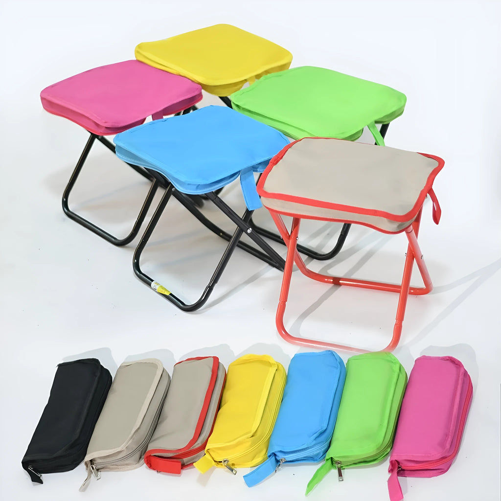 Outdoor foldable camp chair stool in Oxford cloth showing pencil box stool design and colour options