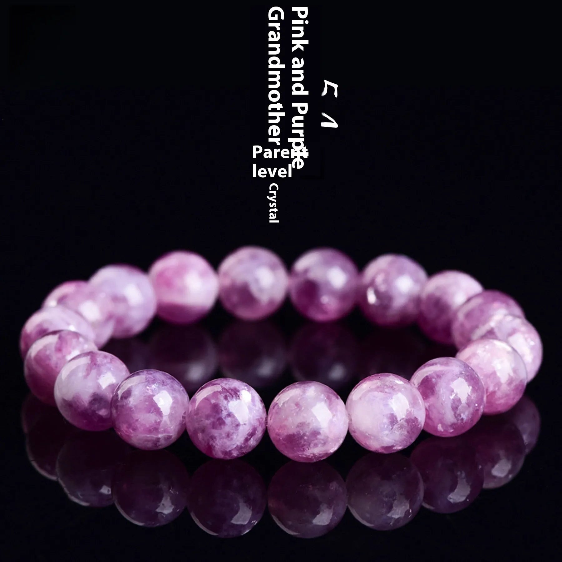 Grandmother polished crystal bracelet in geometric design showing pink purple 5A grade beads.