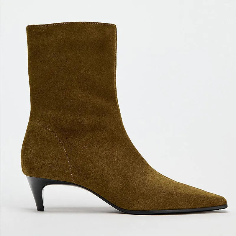 Brown square toe kitten heel boots with side zipper and low tube design