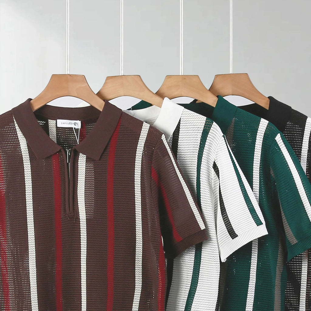 Men's short-sleeved ice silk polo shirt in loose fit with decorative zipper detail.