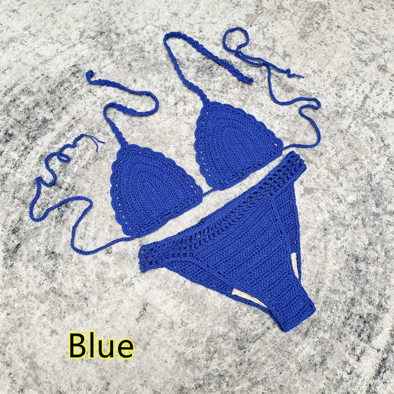Women's handmade crochet three-piece bikini and beach skirt swimsuit set