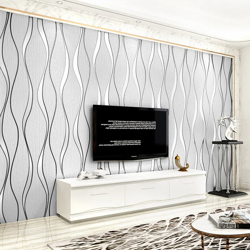 Roll of grey 3D curve stripe decorative wallpaper with velvet texture for video backdrops