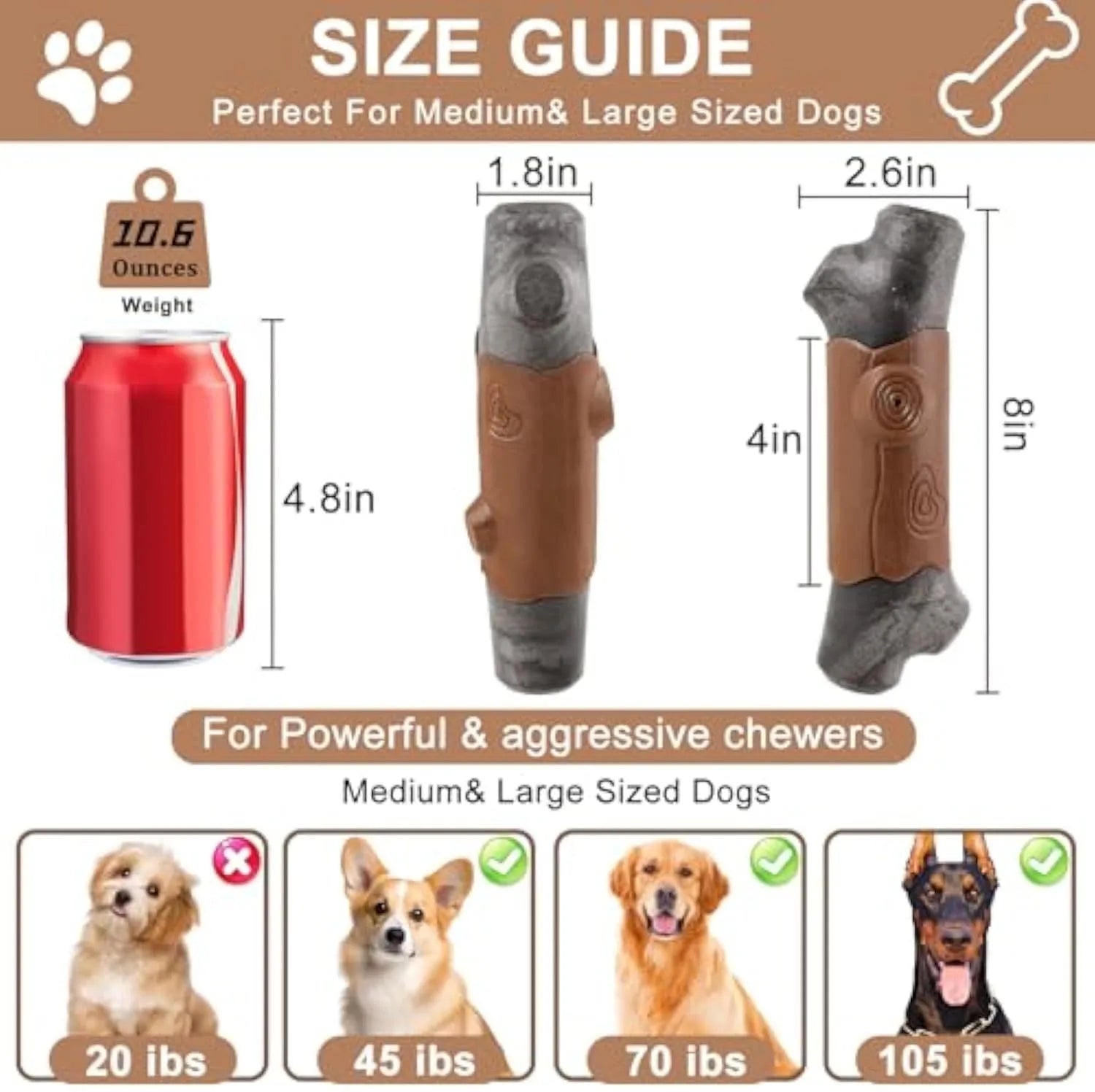 Large brown branch-shaped nylon dog chew toy for big breeds with a squeaker inside.