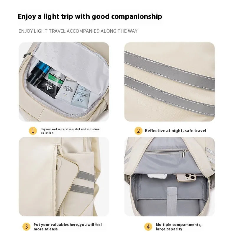 Large women's backpack in beige with dry-wet separation compartments and curved shoulder straps