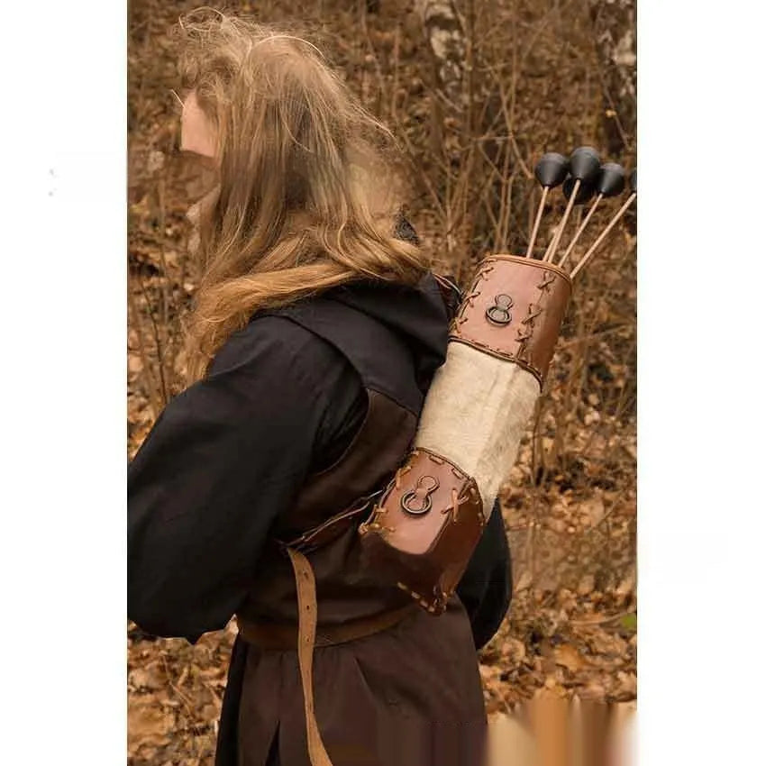 Brown hand-knitted leather medieval quiver bag with lace-up strap