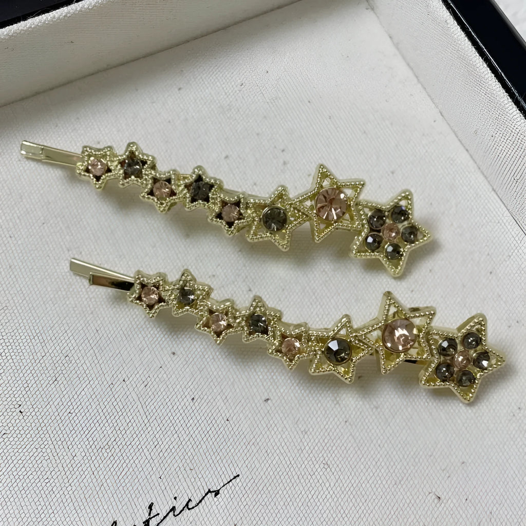 Gold electroplated Korean style barrette with five-pointed star rhinestone design for hair