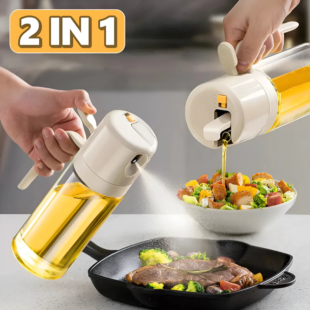 2-in-1 oil sprayer bottle with automatic opening and dual spray pour modes, 550ml soda-lime glass, in warm gray