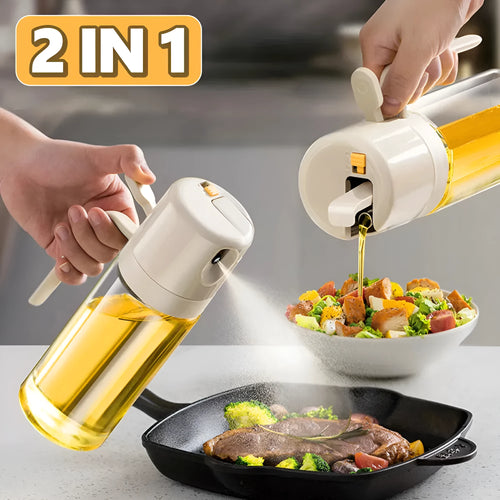 2-in-1 oil sprayer bottle with automatic opening and dual spray pour modes, 550ml soda-lime glass, in warm gray
