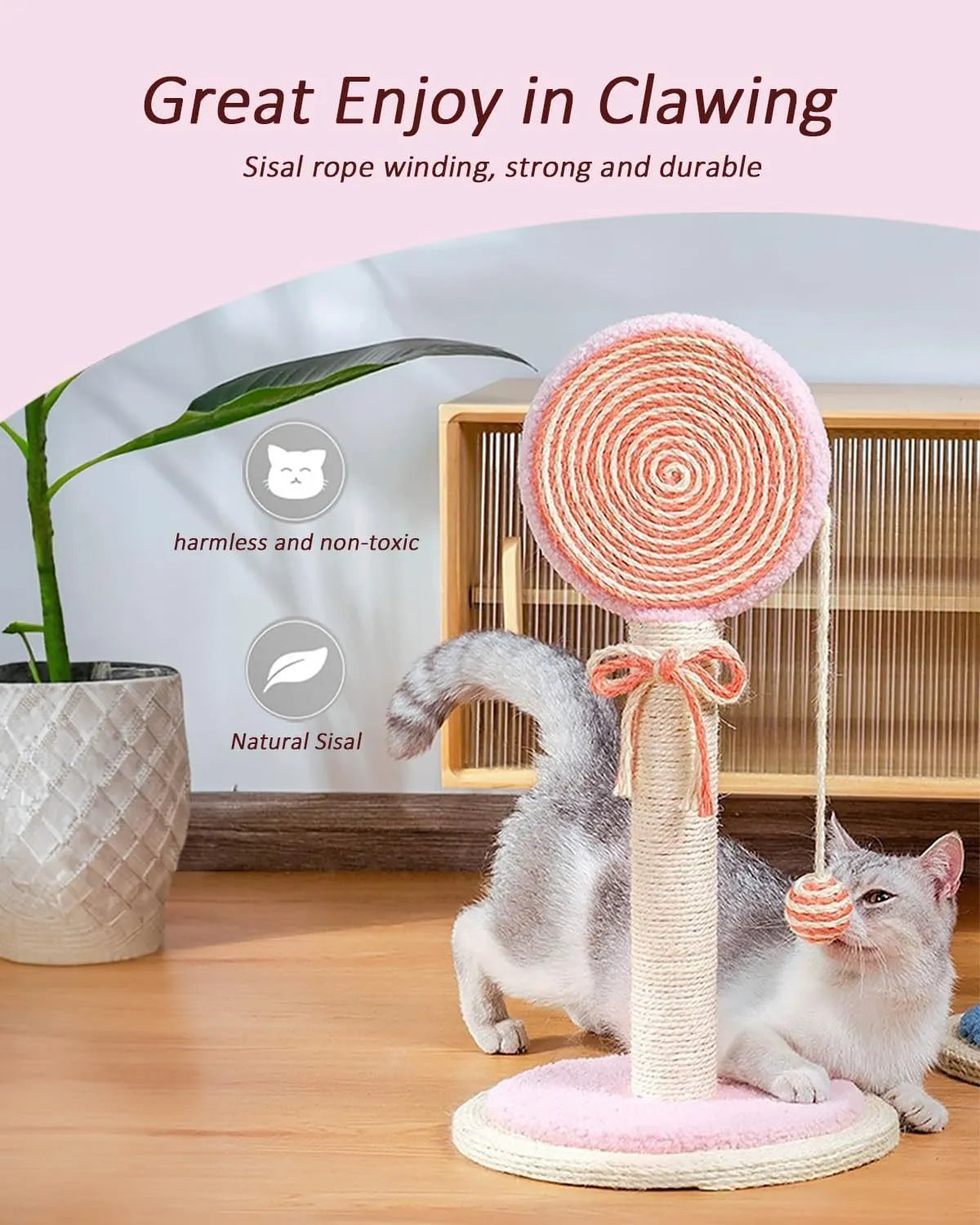 Blue cat scratching post with sisal rope and hanging ball on wooden base