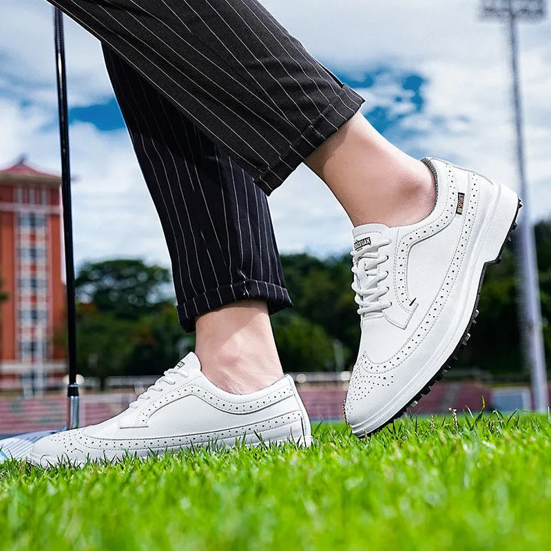 Men's lightweight golf shoes in Lake Blue with a genuine leather upper and rubber outsole.