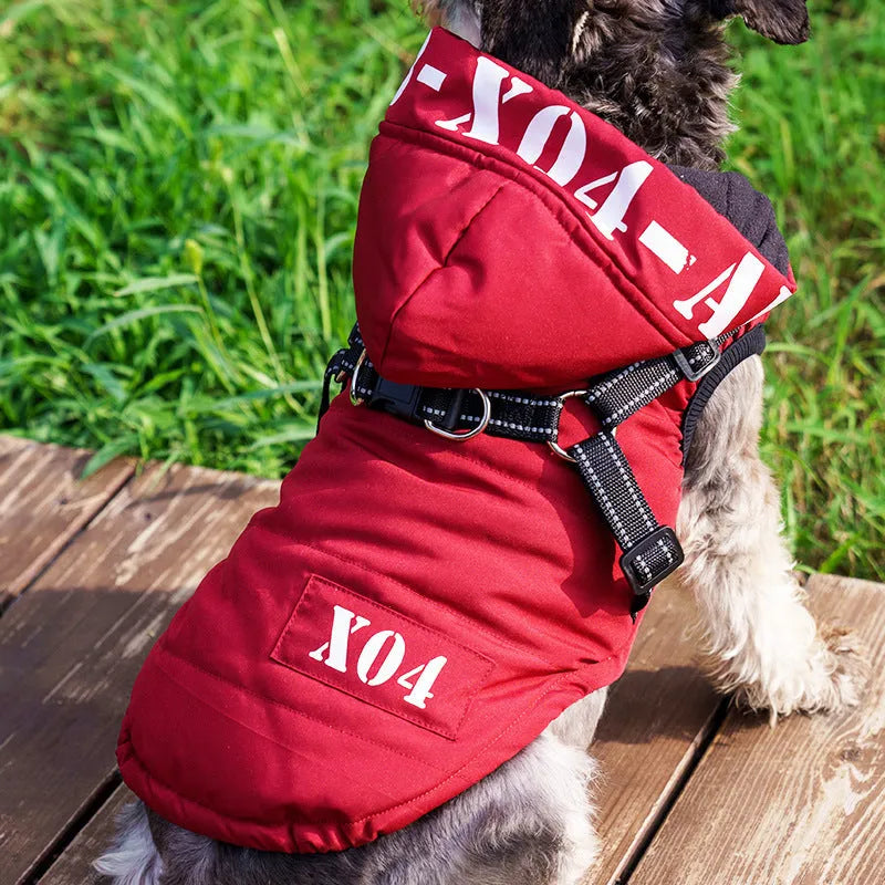 Red waterproof fleece-lined dog winter jacket with hood on small dog