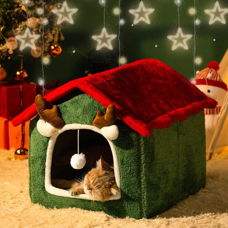 Christmas cat nest in red top elk colour with removable cover, made from cotton and PP cotton, on display as a pet bed