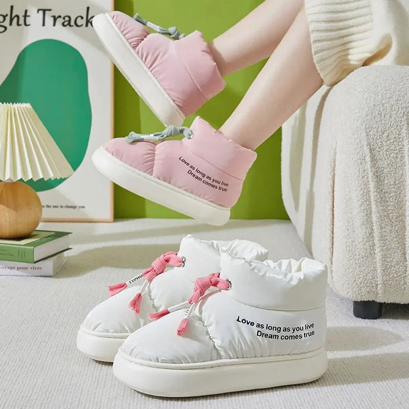 Winter drawstring cotton shoes for women in cream colour with thick plush lining and EVA sole