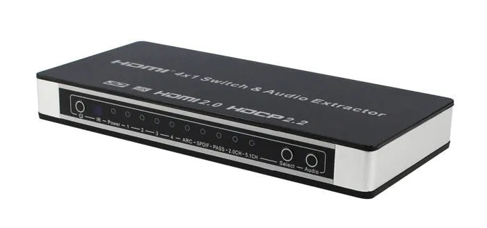 Black HDMI switch with remote control and connection cables for 4-in-1 video switching