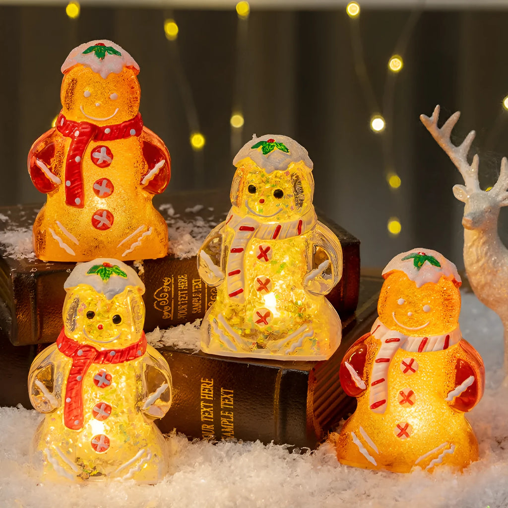 Glowing gingerbread man Christmas ornament with red scarf, plastic decoration measuring 6.5x4x10.5cm