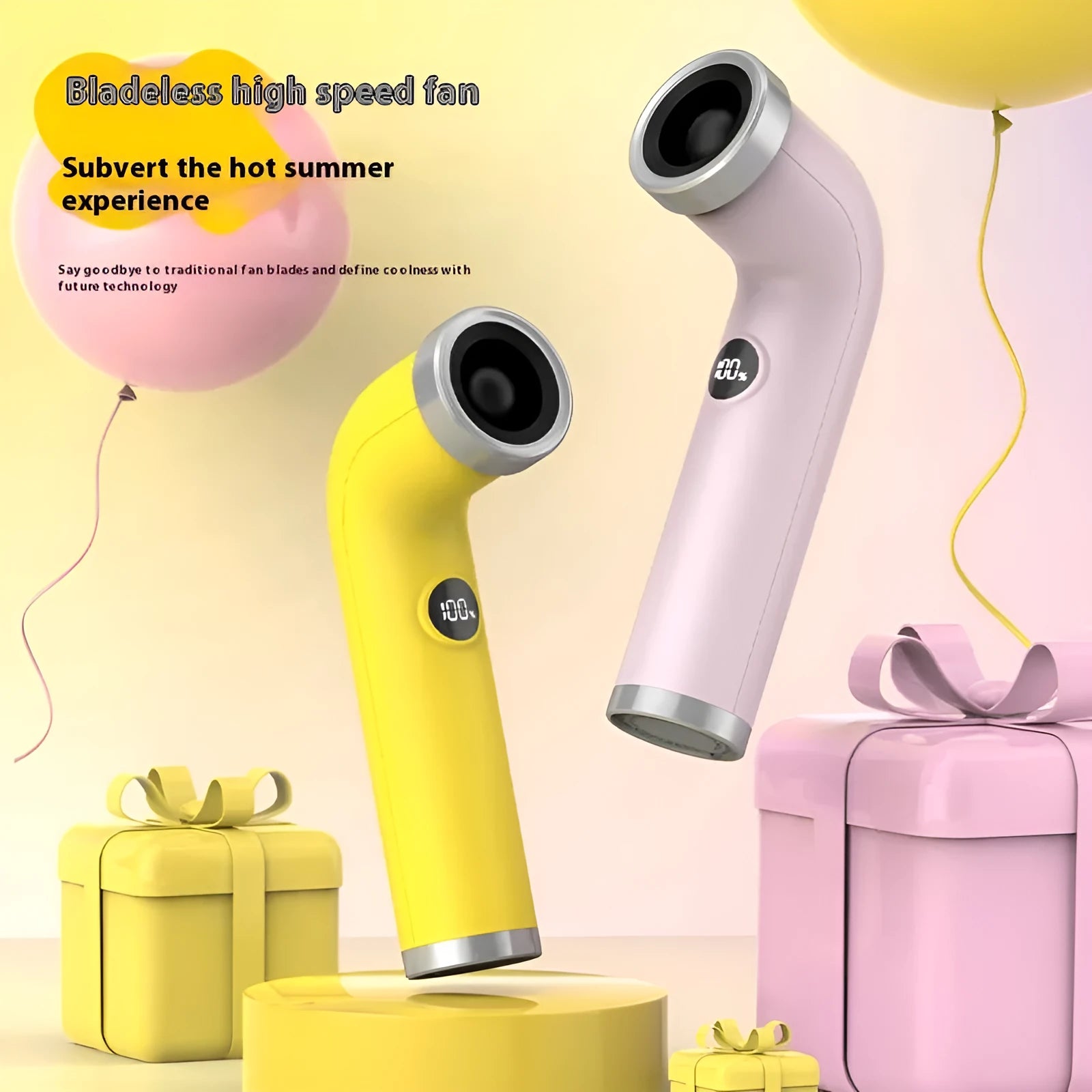 Bladeless mini desk fan in apricot colour with lithium battery and turbine cooling mechanism