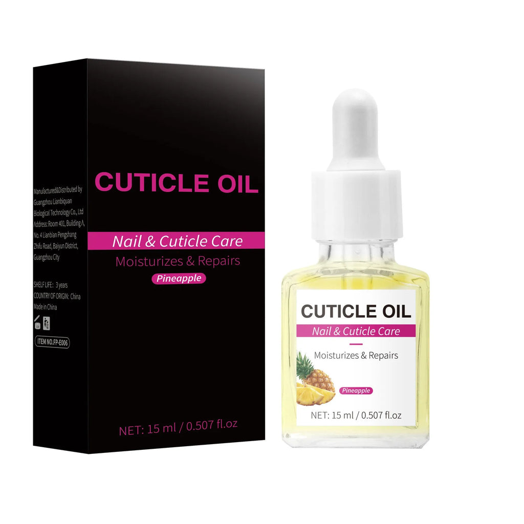 15ml bottle of clear moisturising nail and cuticle oil with dropper.