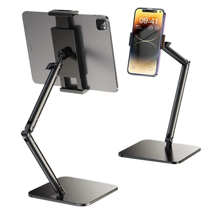 Metal desktop phone bracket with square double arms and remote control for streaming