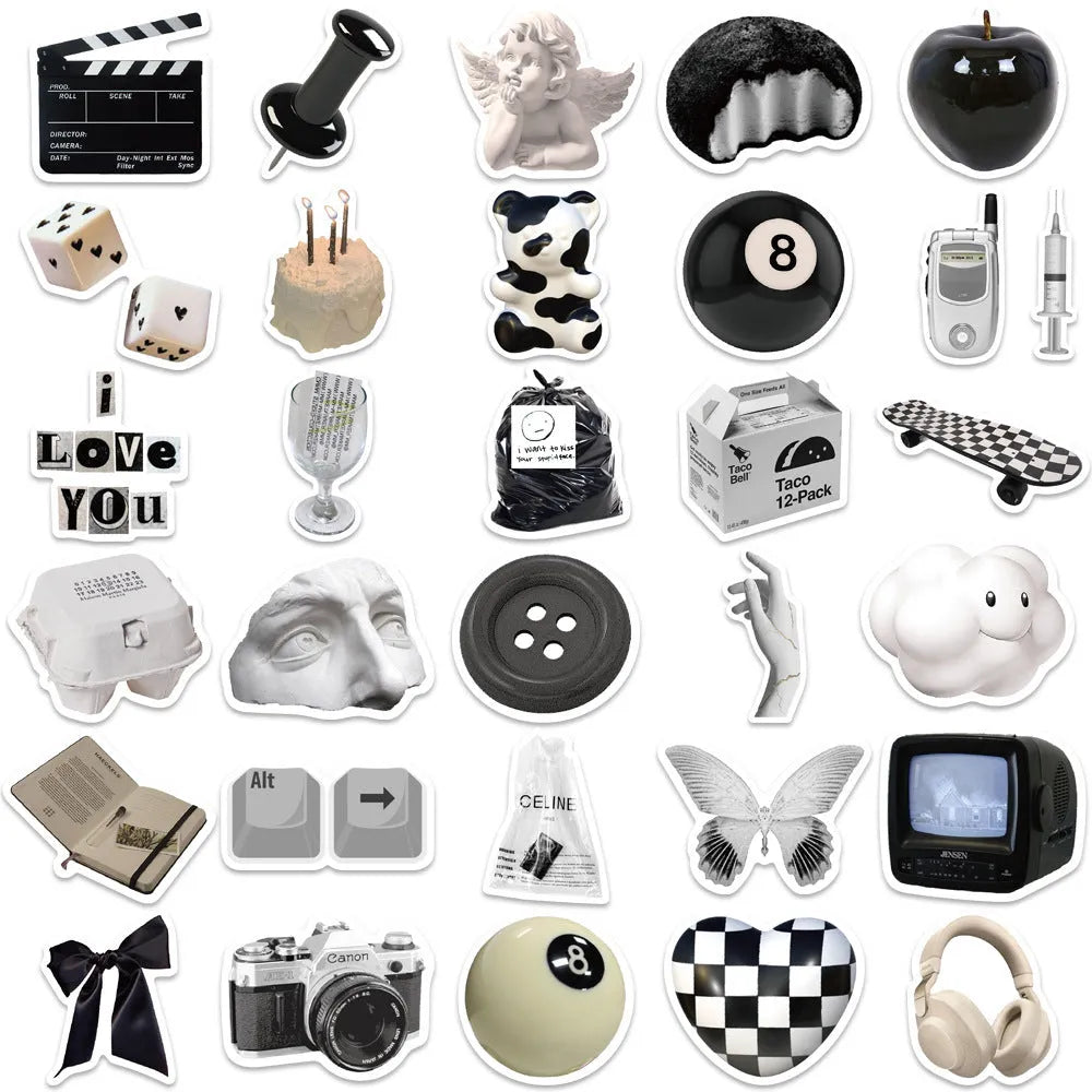 Black and white PVC waterproof sticker set with 61 pieces for multiple surfaces