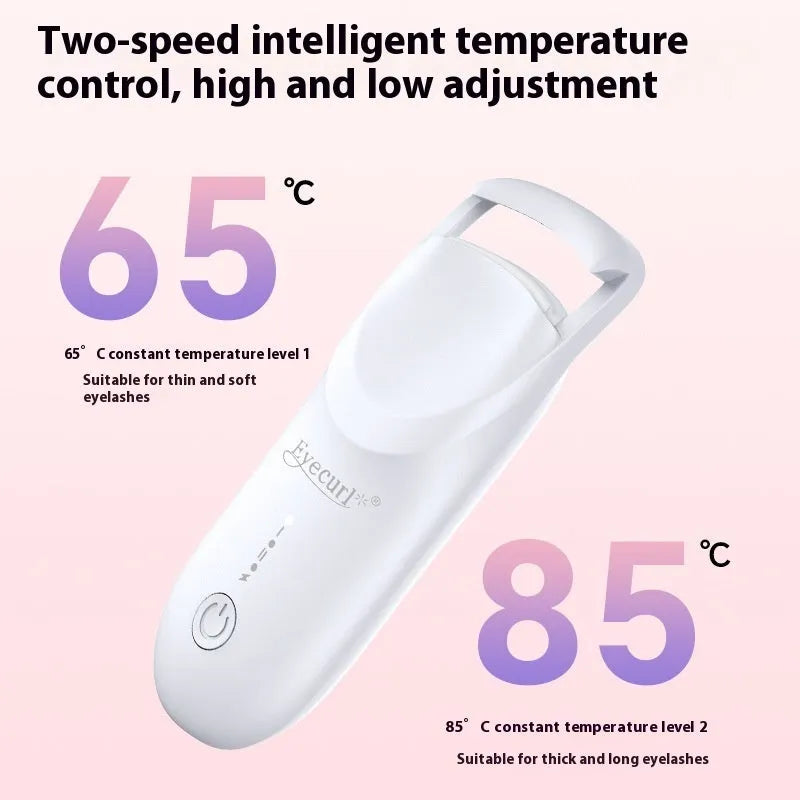 USB electric heating eyelash curler in plastic, shown with data cable.