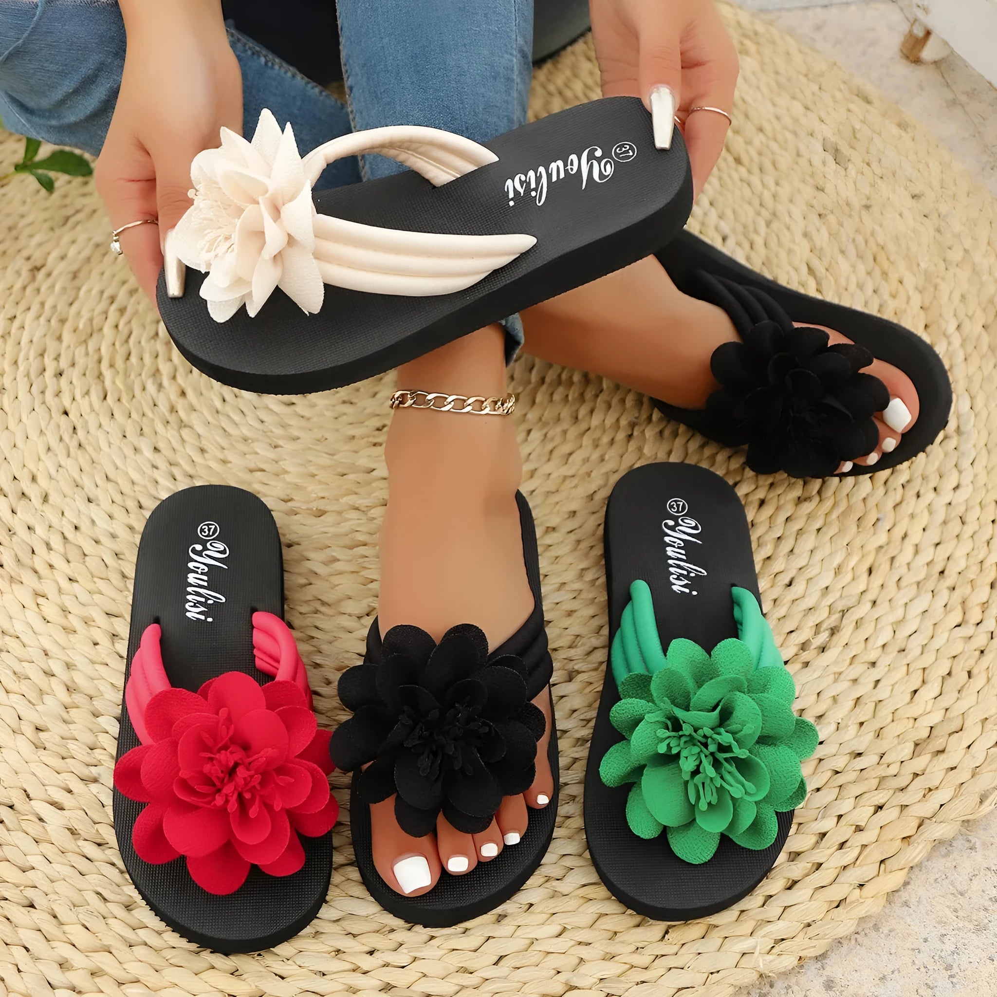 Solid-colour flower flip-flops with a lightweight EVA sole on a beige background.