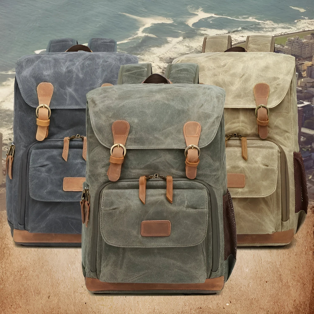 Canvas DSLR camera backpack in khaki colour with waterproof and anti-shock features