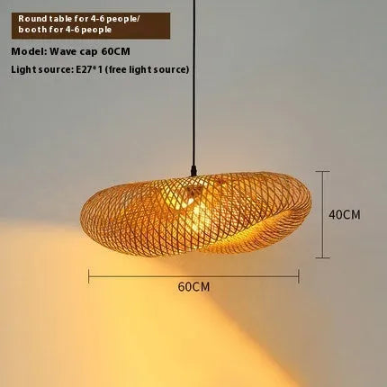 Natural bamboo straw hat-shaped pendant hanging lamp with woven texture