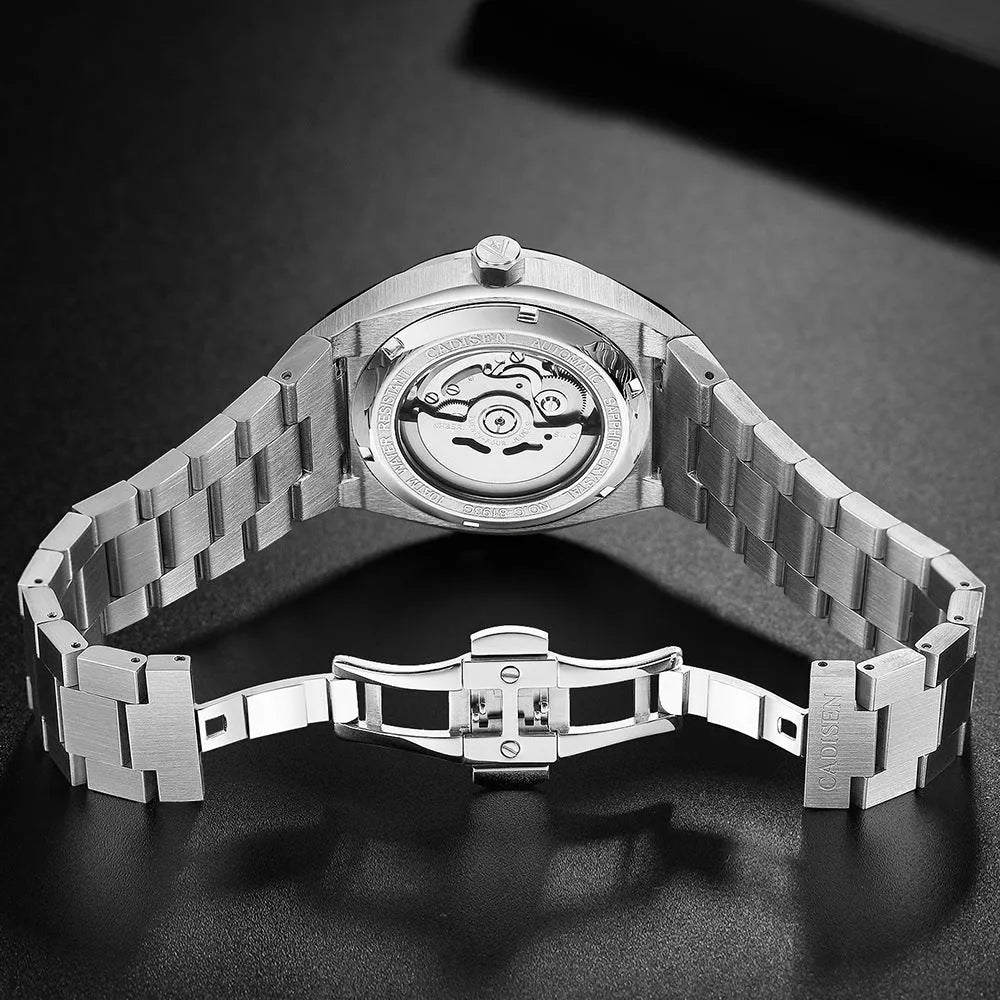 Men's NH35 mechanical watch with stainless steel strap, sapphire crystal glass, and grey meteorite dial, 100m water resistant