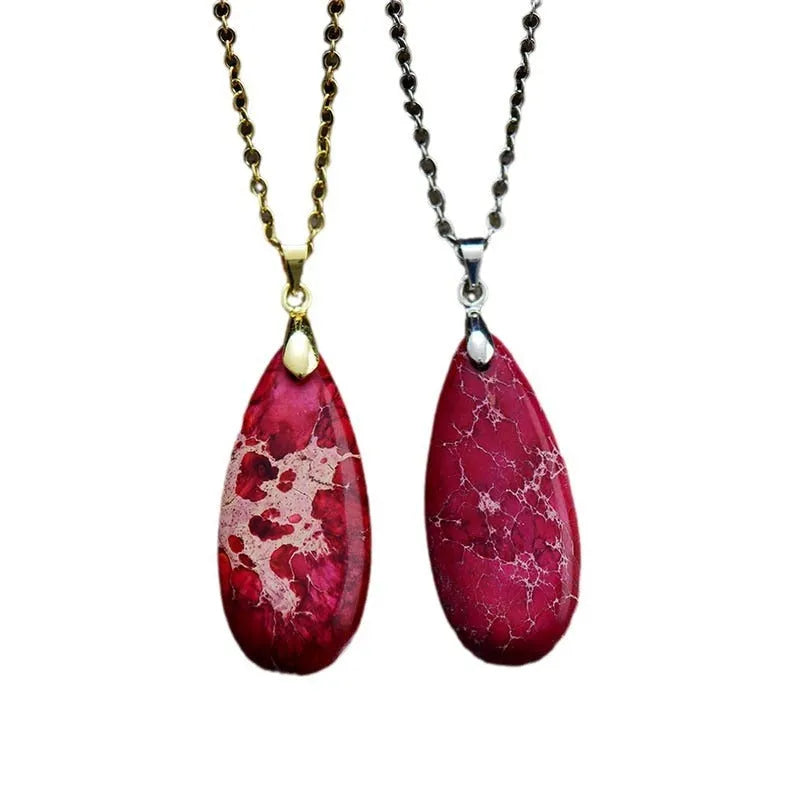 Jade water drop pendant on an 18K gold plated chain, showing hongjin colour finish.