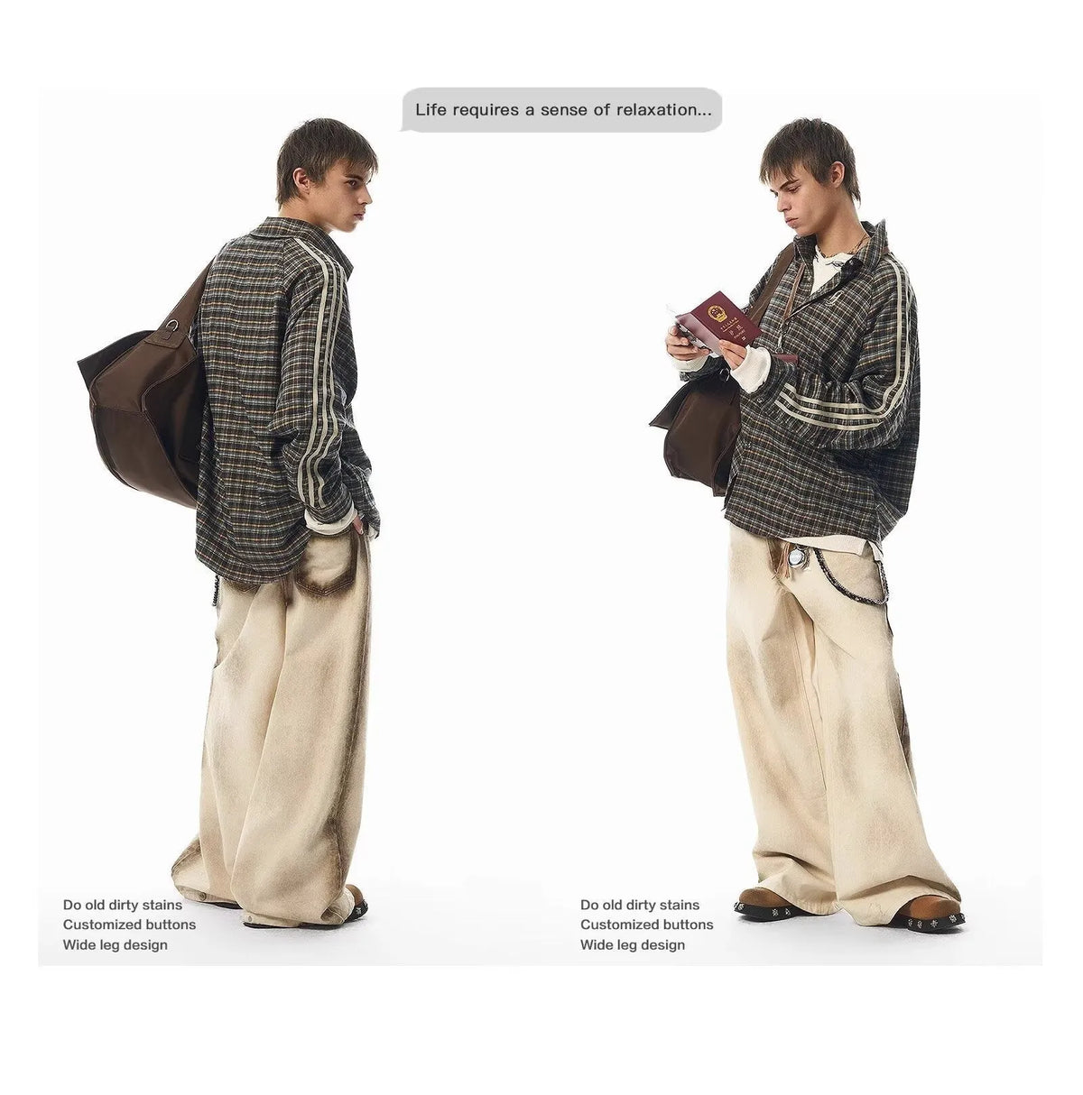Loose straight retro floor-length cotton pants in beige with mid-rise waist