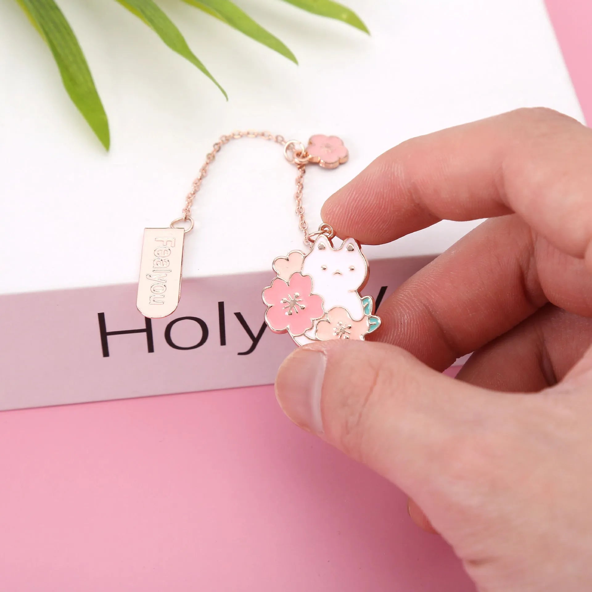 Metal pendant bookmark with cherry blossom cartoon cat design for books and journals