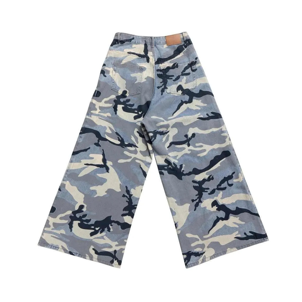 Snow camouflage blue jeans loose fit micro-elastic denim trousers mid waist