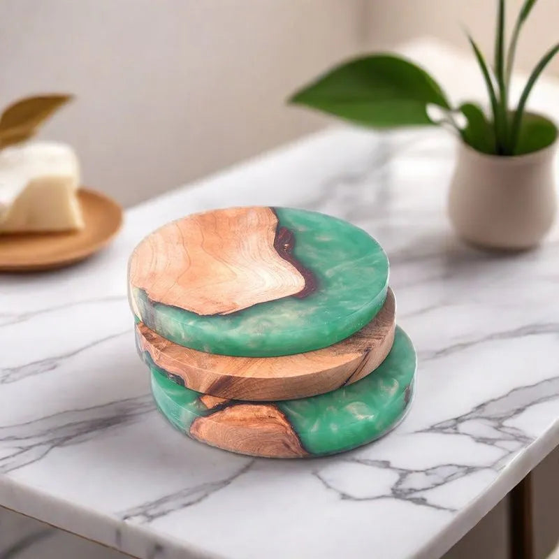 Nordic style wooden coaster in solid colour on a table.