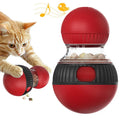 Colourful rotating cat toy with sound feature and food-dropping ball for pet play.