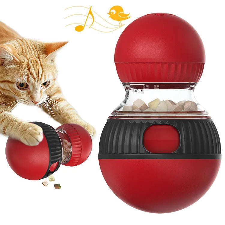 Colourful rotating cat toy with sound feature and food-dropping ball for pet play.