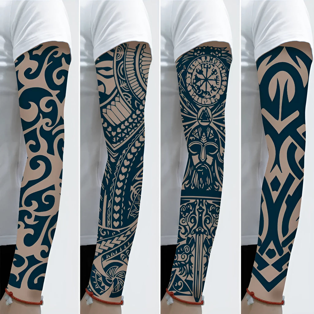 Full arm temporary tattoo sticker with 20 pattern options in black ink on paper backing