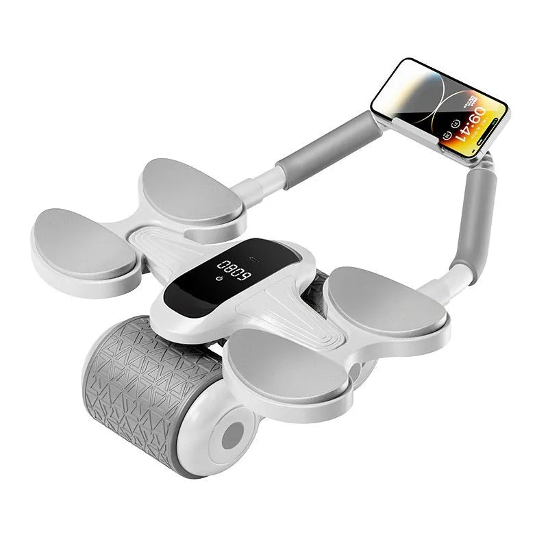 White abdominal exercise roller with LED display screen for timing and calorie counting